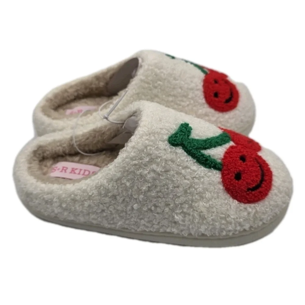 Smiley Face Plush Slippers Retro Soft Size 11 10 House Shoes Slip Ons Cherries